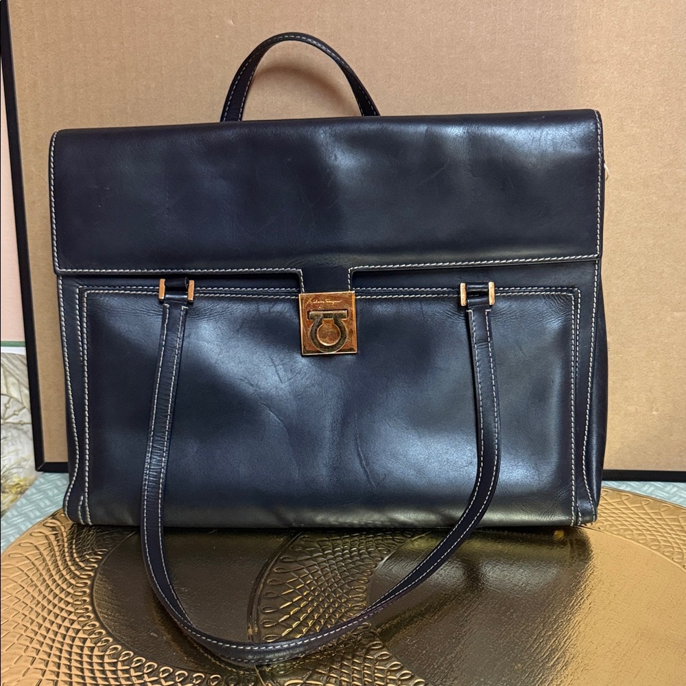 Salvatore Ferragamo Black Leather Briefcase Tote